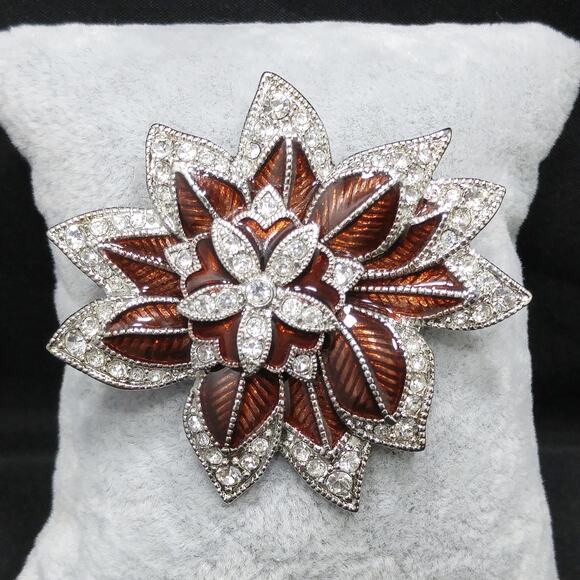Vintage Monet Bronze Enamel Flower Brooch, Clear Pave Rhinestones - Picture 6 of 10